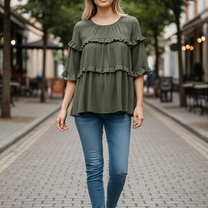 Pleione Olive Green Short Sleeve Ruffled Blouse Womens Size S Flowy Lightweight